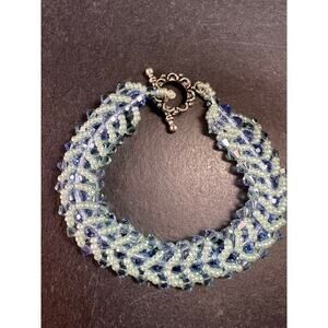 Vintage Blue & Green Crystal Beaded Chevron Braid Toggle Bracelet Y2K